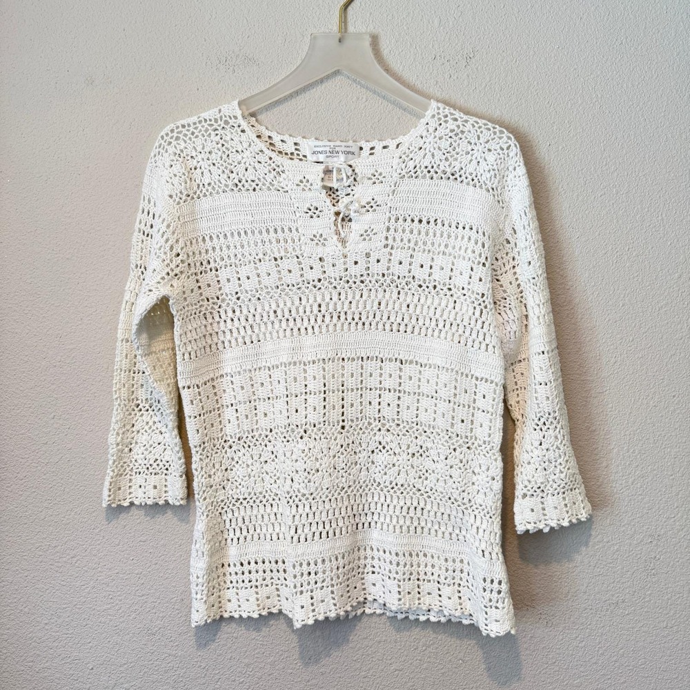 Jones New York Sport Womens‎ Cream Hand Knit Cotton Crochet Sweater Top Size M
